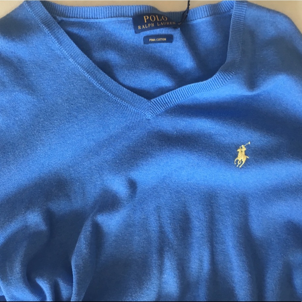 Blue polo V-neck sweater.